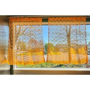Vintage 70s curtains, sunny orange, groovy pattern mesh, rod header, pair
